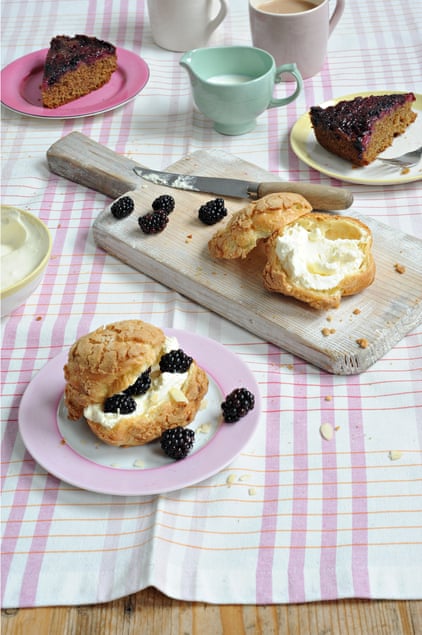 Ruby bakes with blackberries: choux buns and an upsdiae down cake