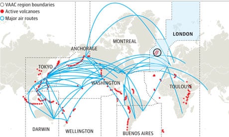 World flight routes volcanoes