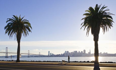 A woman walks her dog on Treasure Island, San Francisco