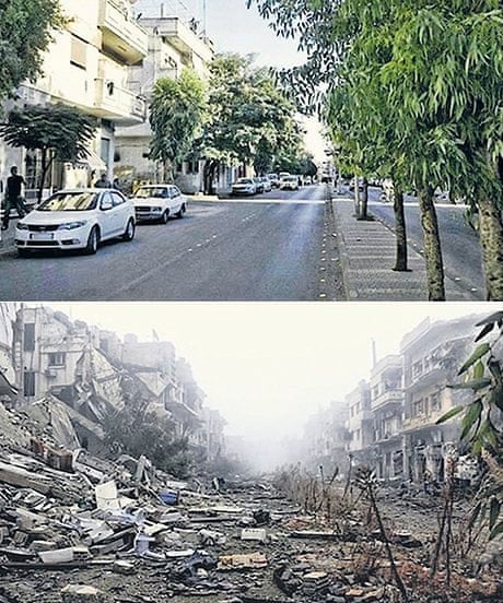 a street in Homs, Syria; above, 2011; below, 2014