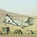 A US CH-46 helicopter takes off from its base near Kandahar