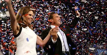 Arnold Schwarzenegger celebrates victory in the California recall election, with Maria Shriver