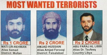 A panel published in Pakistani newspapers shows the country's most wanted terror suspects, including Abu Faraj al-Libbi. Photograph: AP
