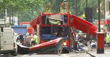 A video grab from ITN shows the wreckage of a London bus after an onboard explosion in Tavistock Square. Photograph: Reuters