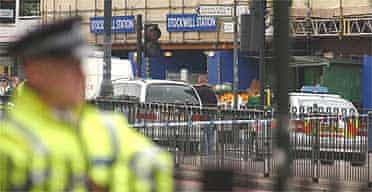 The scene outside Stockwell tube station in London after a man was shot dead by police