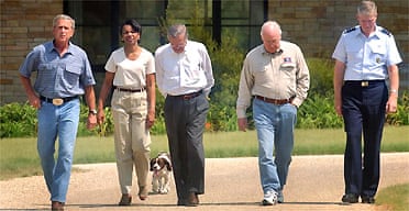 President George Bush, from left, at his ranch with Condoleezza Rice, Donald Rumsfeld, Dick Cheney and Gen Richard Meyers in August 2003