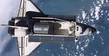 US space shuttle Discovery with its cargo doors open as seen from the International Space Station 