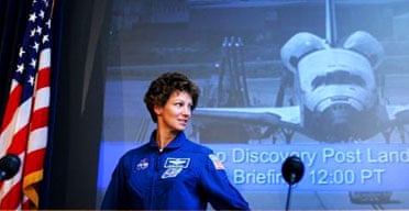 Commander Eileen Collins at a press conference after the space shuttle Discovery lands at Edwards air force base in California. Photograph: David McNew/Getty 