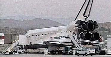 US space shuttle Discovery after landing on the runway at Edwards air base in the Mojave desert 