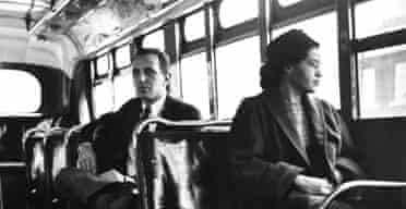 ONE-OFF USE ONLY 26.10.05: Rosa Parks sits undisturbed on a bus in Montogmery, Alabama. Photograph: Corbis