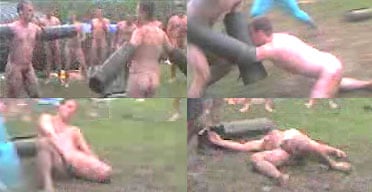 (Top left) two naked marines square up for the fight; (top right) they barge into each other; (bottom left) 'the surgeon' kicks one man in the face; (bottom right) he slumps on the floor, apparantly unconscious
