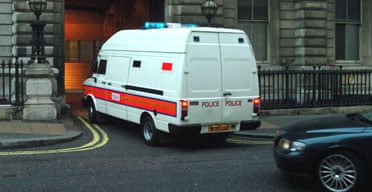 A high-security police van thought to be carrying Adel Yahya arrives at Bow Street magistrates court in central London. Photograph: Johnny Green/PA 