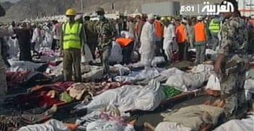 The bodies of hajj pilgrims are laid out following  a stampede at the end of a symbolic stoning ritual in Mina, Saudi Arabia, in which more than 350 people were killed. Photograph: Al Arabiya/AP