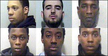 Thames Valley police images of (top row, left to right) Adrian Thomas, Indirit Krasniqi and Jamaile Morally, and (bottom row, left to right) Joshua Morally, Llewellyn Adams and Michael Johnson