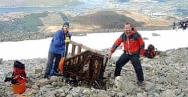 Paul Nelson and Andrew Hunter with the piano they found on top Ben Nevis