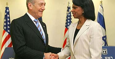Israeli prime minister Ehud Olmert and US secretary of state Condoleezza Rice