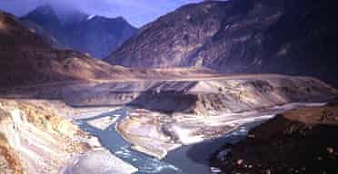 The confluence of the Indus and Gilgit rivers where three mountain ranges, the Himalaya, Karakoram and Hindu Kush, are said to meet