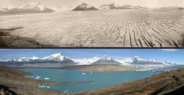 Two images of the Upsala glacier in Argentina show the retreat of the ice