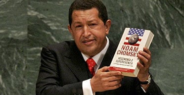 Hugo Chavez holds Chomsky book at United Nations