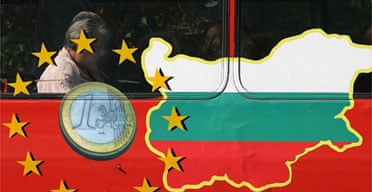 A bus in Sofia is painted with the EU sign and a map of Bulgaria. Photograph: Petar Petrov/AP