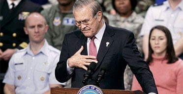 Donald Rumsfeld answers questions at the Pentagon