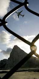 An Iberia airlines plane above Gibraltar, the first ever Spanish passenger flight to make a scheduled stop on the Rock