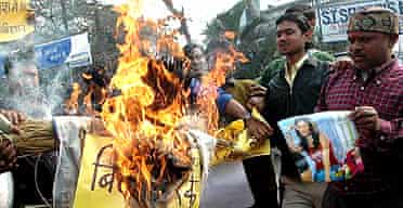 Supporters of Bollywood actor Shilpa Shetty in India burn an effigy representing Celebrity Big Brother organisers