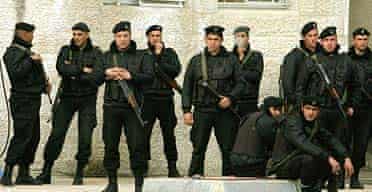 Palestinian special guards in front of President Mahmoud Abbass headquarters in Ramallah