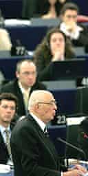 Italy's president, Giorgio Napoletano, addresses the European parliament