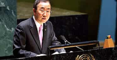 The United Nations secretary general, Ban Ki-moon, addresses students from the UN international school in New York.