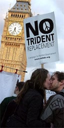 Protestors campaign against the Trident replacement outside the House of Commons