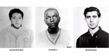 Michael Schwerner, James Chaney and Andrew Goodman, the three civil-rights campaigners beaten and shot dead by Ku Klux Klan members in Philadelphia, Mississippi, in June 1964