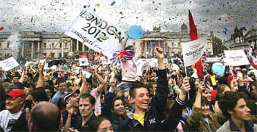 Londoners celebrate the city's winning bid for 2012
