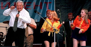 Former Russian president Boris Yeltsin pictured dancing at a rock concert in Rostov, Russia, in 1996.