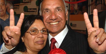 Labour's Virendra Kumar Sharma, with his wife Nirmala, after he was elected for Parliament at the Ealing Southall byelection this morning. Photograph: John Stillwell/PA.