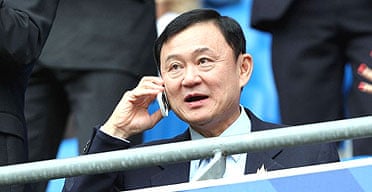 Thaksin Shinawatra watches his club, Manchester City, earlier this month. His lawyer says it is unsafe for him to return to Thailand