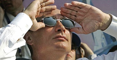 The Russian president, Vladimir Putin, watches a fly-past at the biggest air show in the countrys post-Soviet history