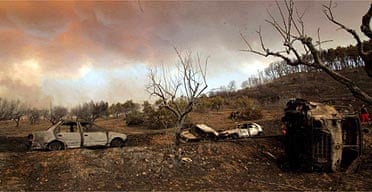 Burned cars sit in a field near Artemida, one of the villages caught in the fires which have spread through the Peloponnese forests