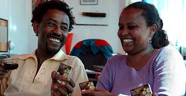 Two Ethiopian people discuss coffee-flavoured condoms in Addis Ababa