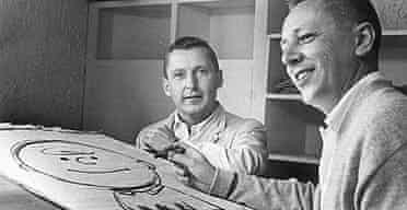 The real Charlie Brown, left, and Charles Schulz drawing his friends cartoon namesake.