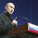 The Russian president, Vladimir Putin, addresses a parliamentary campaign rally in Moscow