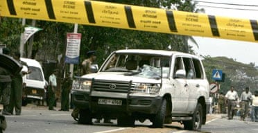 The scene of the bomb that killed Sri Lankan minister DM Dassanayake in Ja Ela