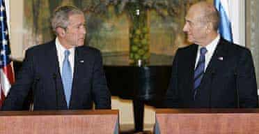 The US president, George Bush, with the Israeli prime minister, Ehud Olmert, in Jerusalem