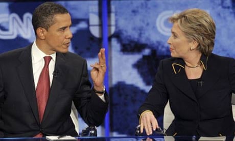 Barack Obama and Hillary Clinton respond to a question during a Democratic presidential debate in Austin, Texas. Photograph: LM Otero/AP