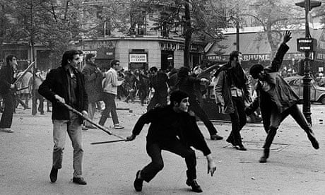 Students hurling projectiles against the police on the Boulevard Saint Germain, Paris, May 6 1968