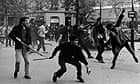 Students hurling projectiles against the police on the Boulevard Saint Germain, Paris, May 6 1968