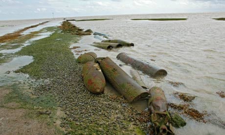 Rusted torpedoes and bombs, munitions on Foulness Island, an MOD weapons testing site