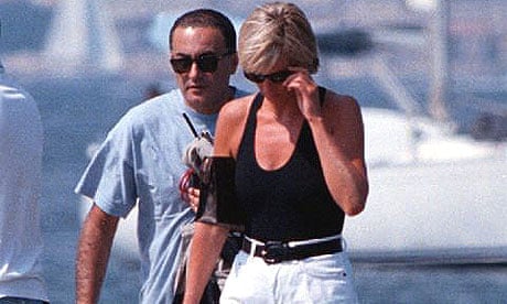 Diana, Princess of Wales, right, and her companion Dodi Fayed, walk on a pontoon in St. Tropez in this August 1997 file photo.