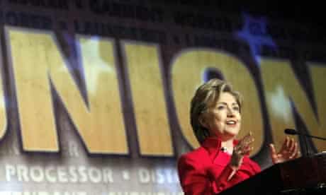 Hillary Clinton addresses the Pennsylvania AFL-CIO meeting in Philadelphia. Photograph: Charles Dharapak/AP