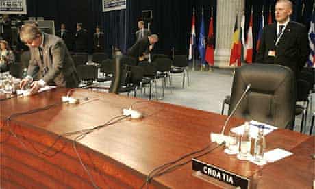 The position reserved for the Macedonian delegation at the Nato summit is left empty after the countrys officials decided to leave the talks. Photograph: Michel Euler/AP